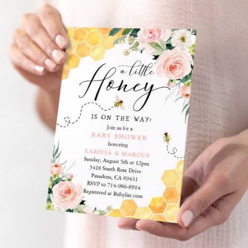 Pink Floral Honey Bee Baby Shower Invitation