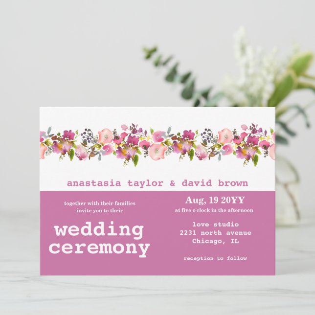 Pink Floral Horizontal QR Code Wedding Invitation (Standing Front)