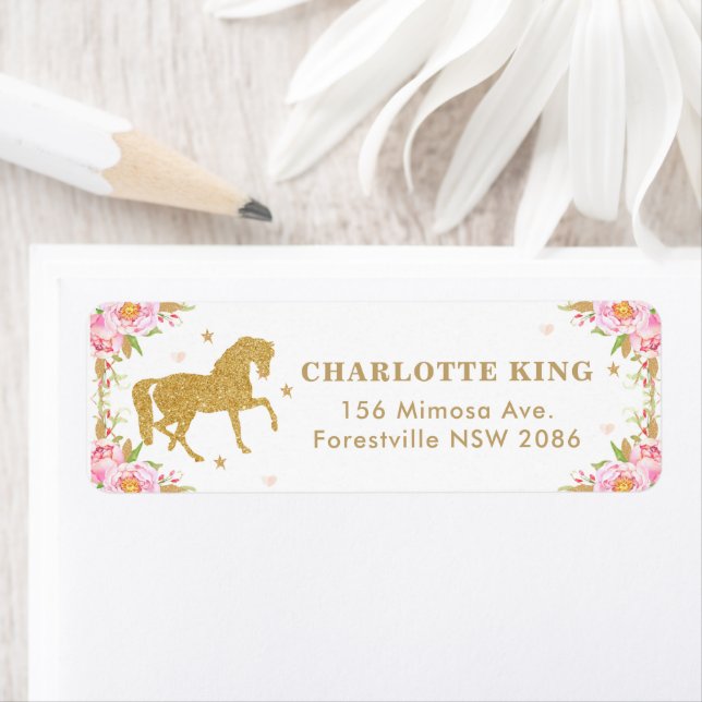 Pink Floral Horse Birthday Baby Shower Address Label (Insitu)