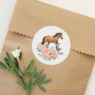 Pink Floral Horse Birthday Party Classic Round Sticker