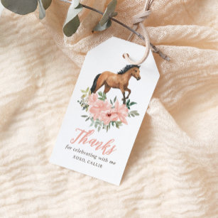 Pink Floral Horse Birthday Party Favor Tag