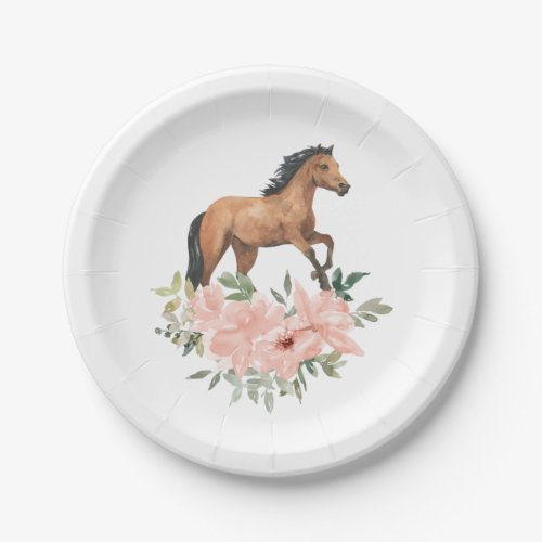 Pink Floral Horse Birthday Party Paper Plates