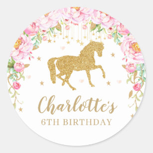 Pink Floral Horse Birthday Party Thank You Favor Classic Round Sticker