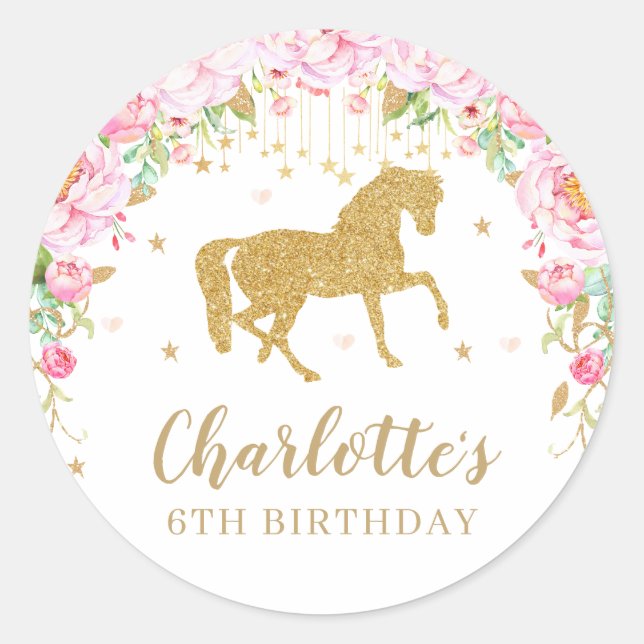 Pink Floral Horse Birthday Party Thank You Favor Classic Round Sticker (Front)