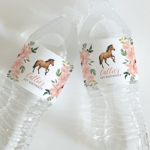 Pink Floral Horse Birthday Party Water Bottle Label