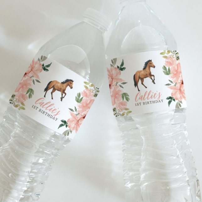 Pink Floral Horse Birthday Party Water Bottle Label (Creator Uploaded)