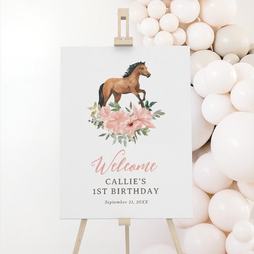 Pink Floral Horse Birthday Party Welcome Sign