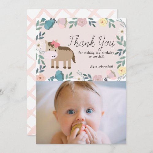Pink Floral Horse Birthday Photo Thank You Card