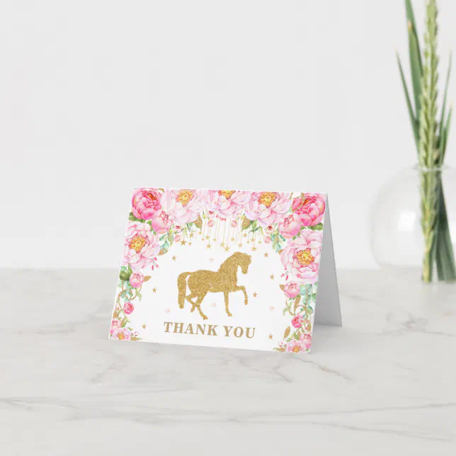 Pink Floral Horse Gold Glitter Birthday Girl Baby Thank You Card | Zazzle
