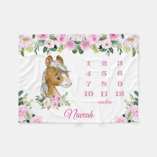 Pink Floral Horse Monthly Milestone Baby Girl Fleece Blanket