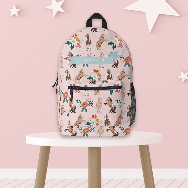Pink Floral Horse/Pony Pattern Girl Printed Backpack (Creator Uploaded)