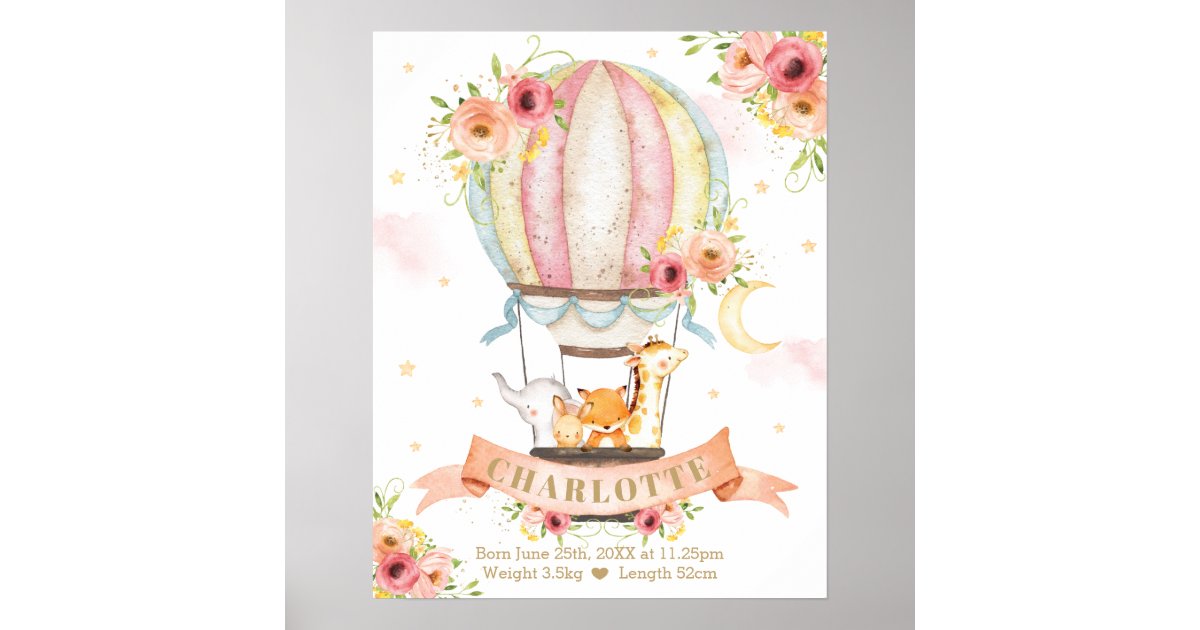 Pink Floral Hot Air Balloon Animals Birth Stats Poster | Zazzle