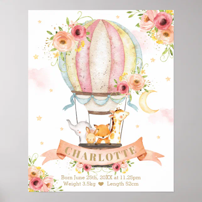 Pink Floral Hot Air Balloon Animals Birth Stats Poster | Zazzle