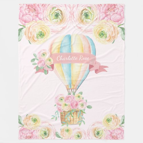 Pink Floral Hot Air Balloon Baby Girl Nursery Fleece Blanket