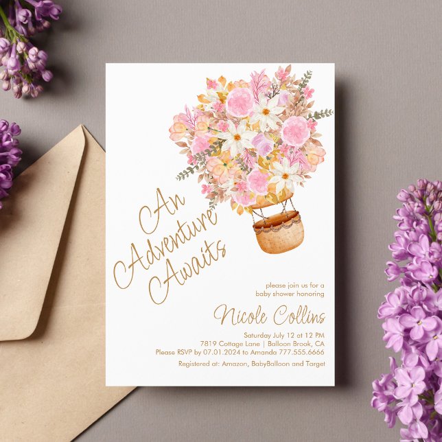Pink Floral Hot Air Balloon Baby Shower  Invitation (Creator Uploaded)