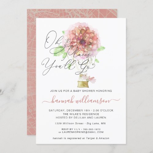 Pink Floral Hot Air Balloon Baby Shower Invitation