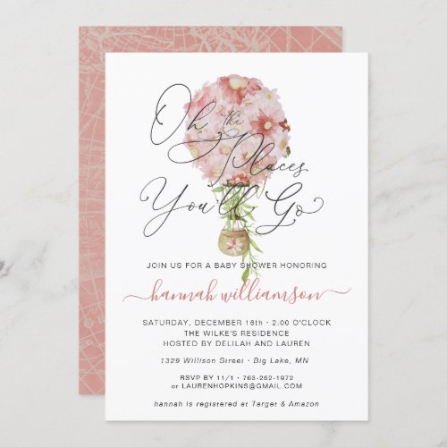 Pink Floral Hot Air Balloon Baby Shower Invitation
