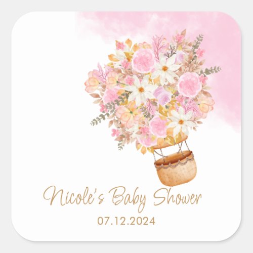  Pink Floral Hot Air Balloon Baby Shower  Square Sticker