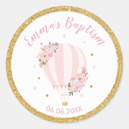 Pink Floral Hot Air Balloon Baptism Favor Classic Round Sticker