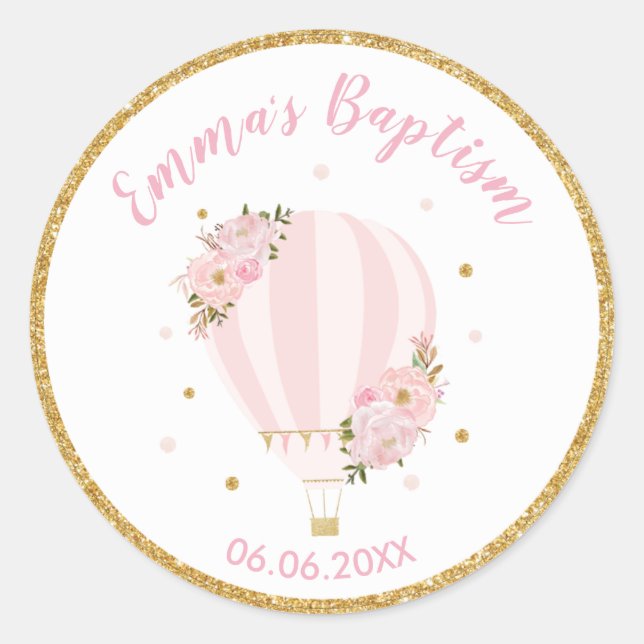 Pink Floral Hot Air Balloon Baptism Favor Classic Round Sticker (Front)