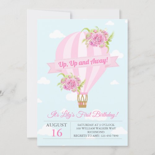 Pink Floral Hot Air Balloon Birthday Invitation