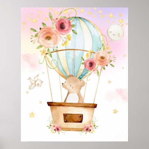 Pink Floral Hot Air Balloon Cute Bear Adventure Poster