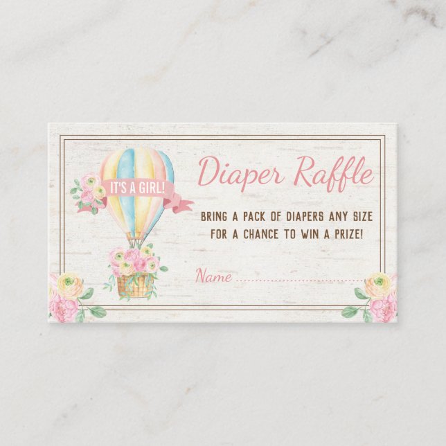 Pink Floral Hot Air Balloon Diaper Raffle Ticket Enclosure Card (Front)