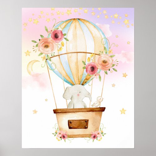 Pink Floral Hot Air Balloon Elephant Adventure Poster