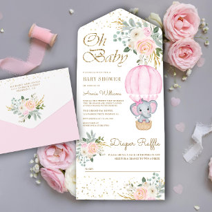 Pink Floral Hot Air Balloon Elephant Baby Shower All In One Invitation