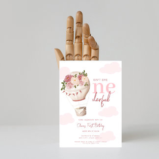 Pink floral Hot Air Balloon Onederful 1st Birthday Invitation