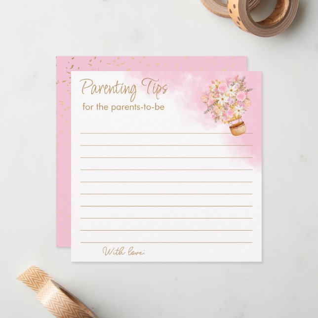 Pink Floral Hot Air Balloon Parents Tips Note Card (Front/Back In Situ)
