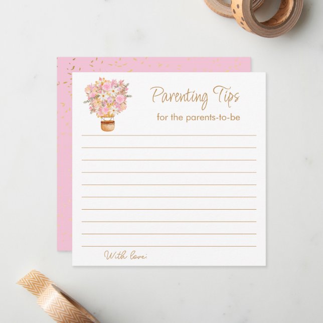 Pink Floral Hot Air Balloon Parents Tips Note Card (Front/Back In Situ)