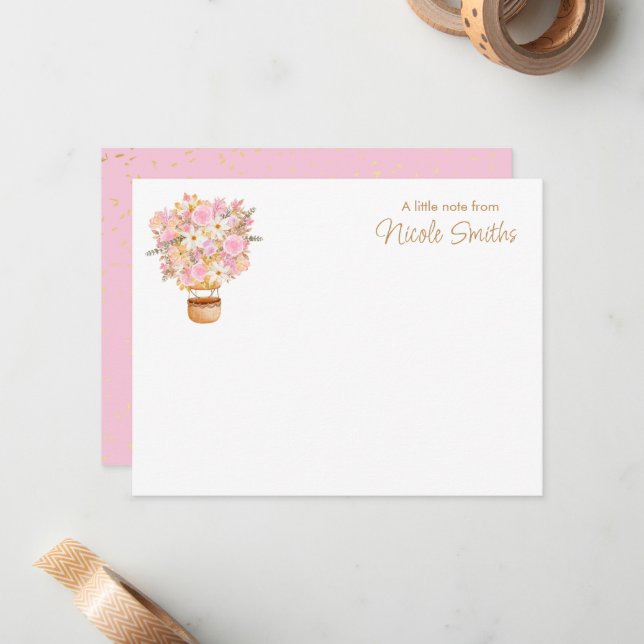 Pink Floral Hot Air Balloon Personal Stationery Note Card (Front/Back In Situ)