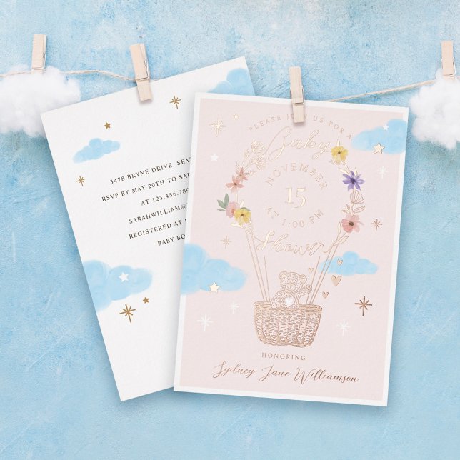 Pink Floral Hot Air Balloon Teddy Bear Baby Shower Foil Invitation (Creator Uploaded)