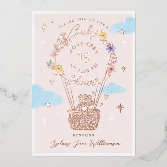 Pink Floral Hot Air Balloon Teddy Bear Baby Shower Foil Invitation (Front)