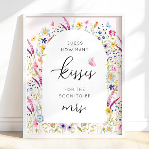 Pink Floral How Many Kisses Bridal Shower Game Poster