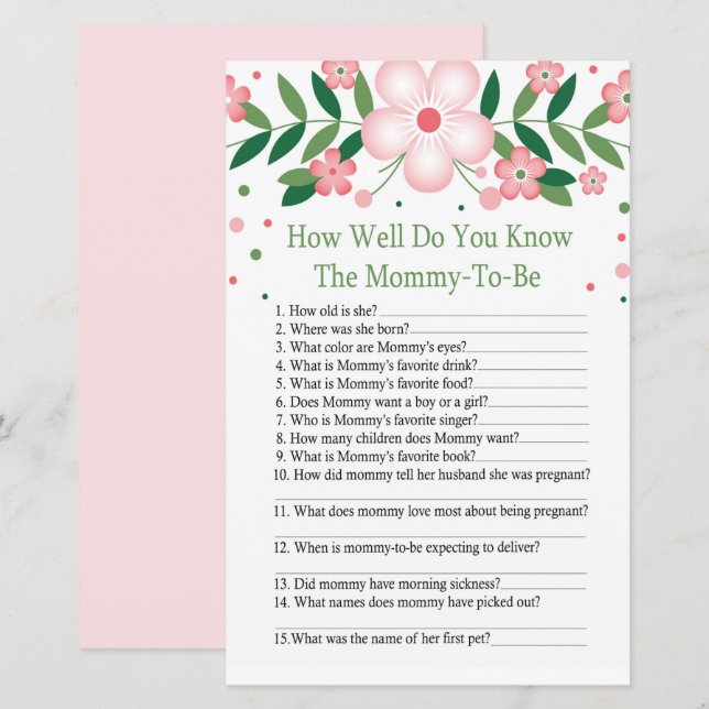 Pink Floral How well do you know baby shower game (Front/Back)