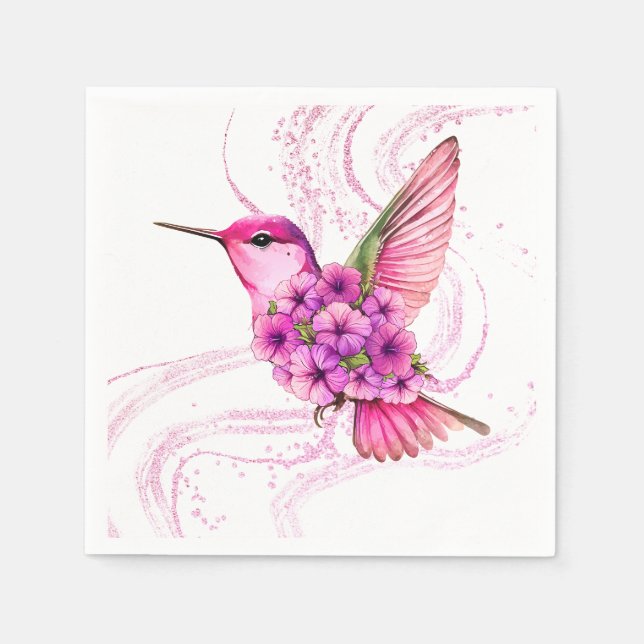 Pink Floral Hummingbird Paper Napkin (Front)