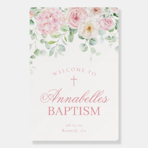 Pink Floral Hydrangea Blooms Baptism Welcome Sign