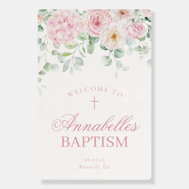 Pink Floral Hydrangea Blooms Baptism Welcome Sign (Front)