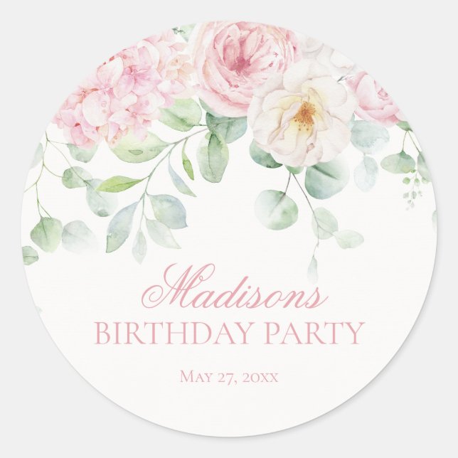 Pink Floral Hydrangea Blooms Birthday Invite Seal (Front)