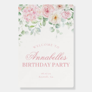Pink Floral Hydrangea Blooms Birthday Welcome Sign