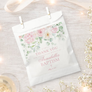 Pink Floral Hydrangea Botanical Baptism Dessert Favor Bag