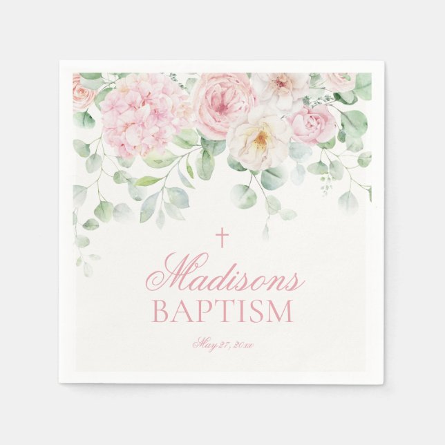 Pink Floral Hydrangea Botanical Blooms Baptism Napkins (Front)