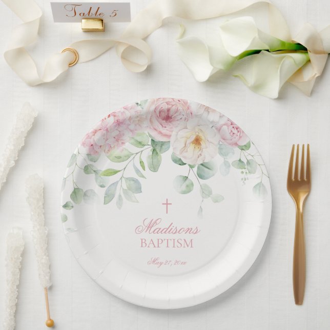 Pink Floral Hydrangea Botanical Blooms Baptism Paper Plates (Wedding)