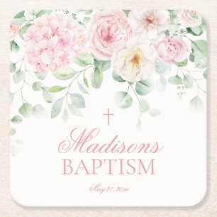 Pink Floral Hydrangea Botanical Blooms Baptism Square Paper Coaster