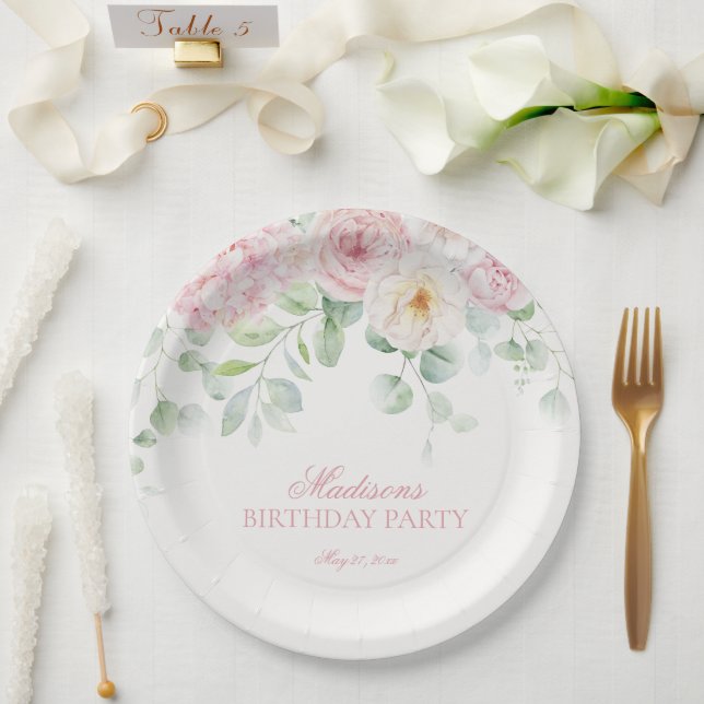 Pink Floral Hydrangea Botanical Blooms Birthday Paper Plates (Wedding)