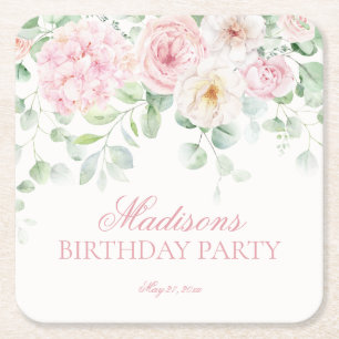 Pink Floral Hydrangea Botanical Blooms Birthday Square Paper Coaster