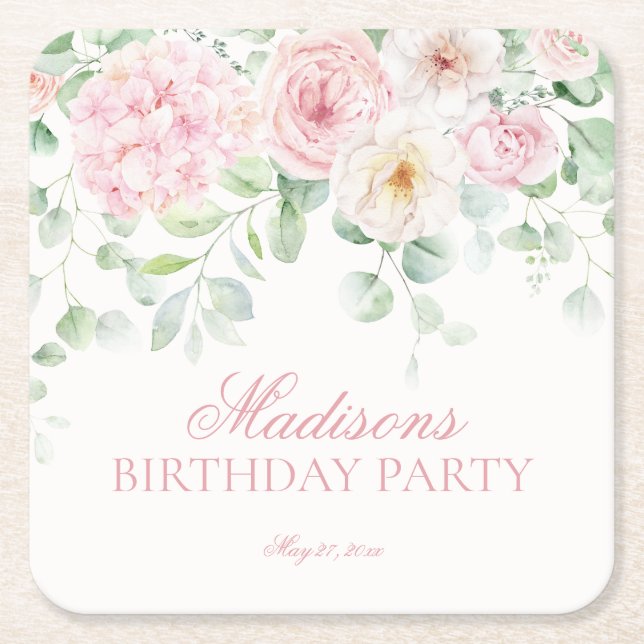 Pink Floral Hydrangea Botanical Blooms Birthday Square Paper Coaster (Front)