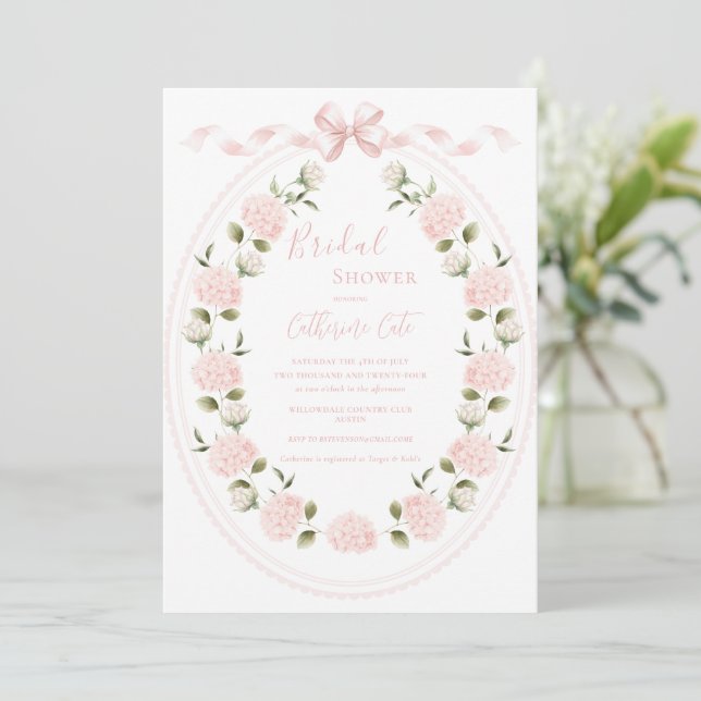 Pink Floral Hydrangea Elegant Bridal Shower  Invitation (Standing Front)